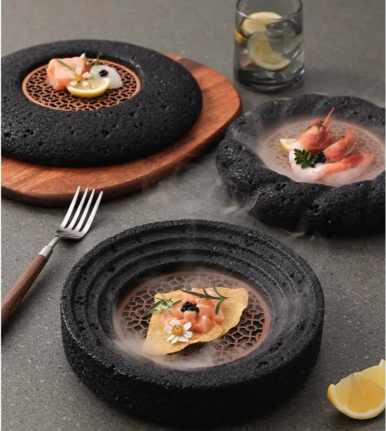 Japanese Artistic Concept Ceramic Bowl Eco-Friendly Volcanic Stone Hotel Tableware Planet-Shaped Ice Plate for Sushi Seafood
