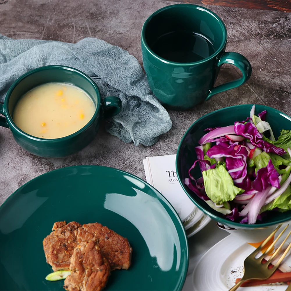 Прямая продажа с фабрики, зеленое блюдо для отеля, керамический набор обеденных тарелок, изысканные фарфоровые тарелки для ресторана