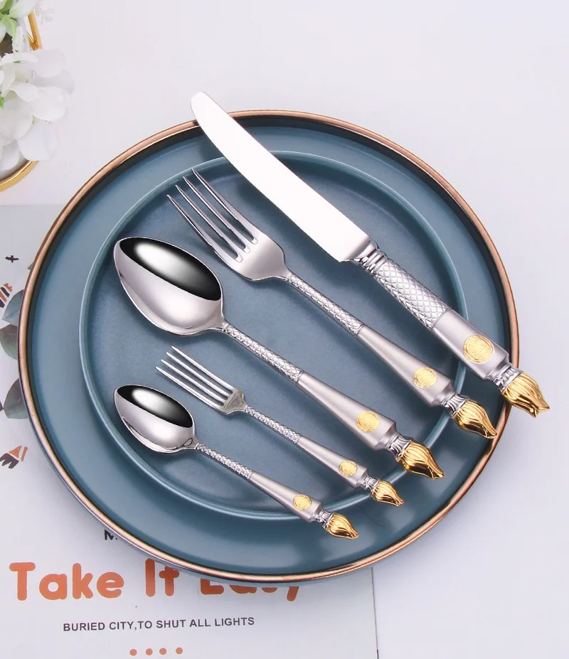 Роскошная посуда из 24-каратного золота, столовые приборы из нержавеющей стали для отелей, набор столовых приборов из 24 предметов для свадьбы с подарочной коробкой