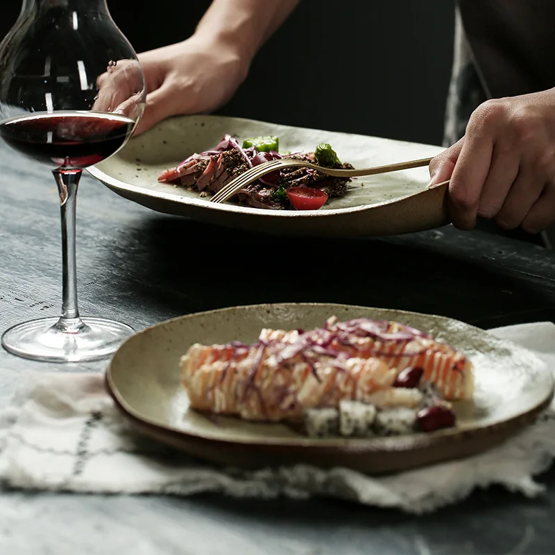 Stoneware Plates Irregular Creative Steak Plate Japanese Ceramic Western Food Dishes Retro Tableware for Hotel Restaurant Home