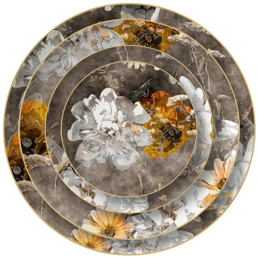 Антикварные тарелки с золотой оправой и цветочным принтом, сервировочное блюдо, керамические фарфоровые тарелки для банкетного зарядного устройства для свадьбы