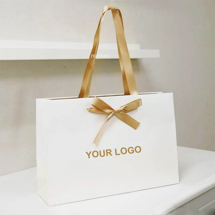 Изготовленный на заказ белый роскошный картонный бумажный пакет с золотой фольгой для свадебного подарка, лента с ручкой, упаковка для одежды, бумажная сумка для покупок, ювелирных изделий