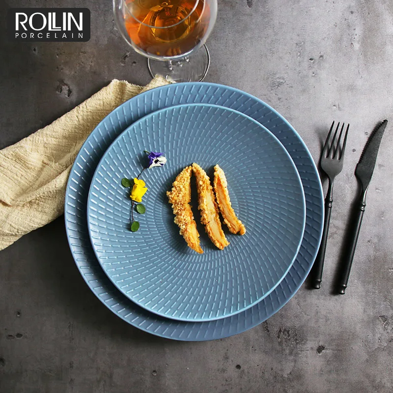 Фарфоровая посуда, столовая посуда, тарелки, набор синих тарелок, керамические тарелки для банкетного отеля