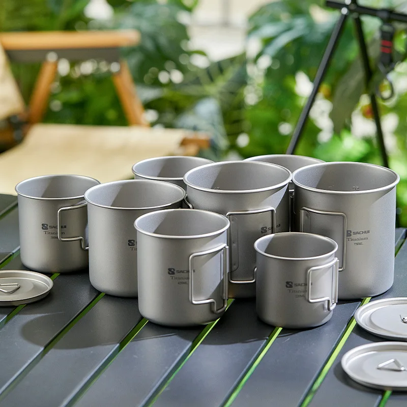 Кружка из чистого титанового сплава, складная ручка, анти-ошпаривание, портативная уличная чашка для кемпинга, титановая чашка для здоровья и еды