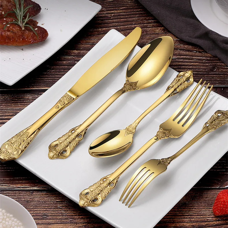 Luxury Royal Cutlery Set Stainless Steel Gold Flatware Wedding Dinner Knife Fork Spoon Vintage Cutlery Sets