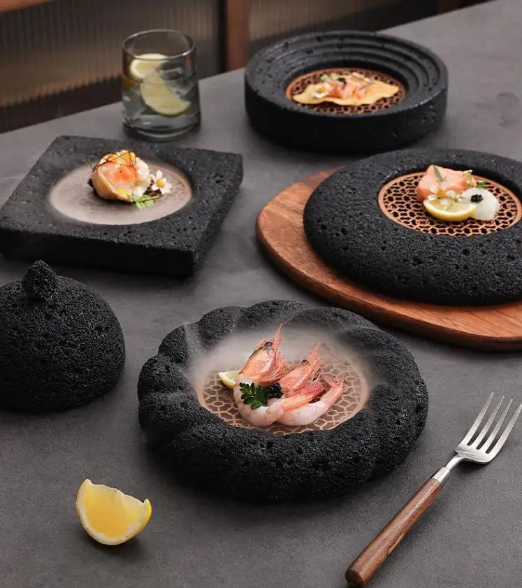 Japanese Artistic Concept Ceramic Bowl Eco-Friendly Volcanic Stone Hotel Tableware Planet-Shaped Ice Plate for Sushi Seafood