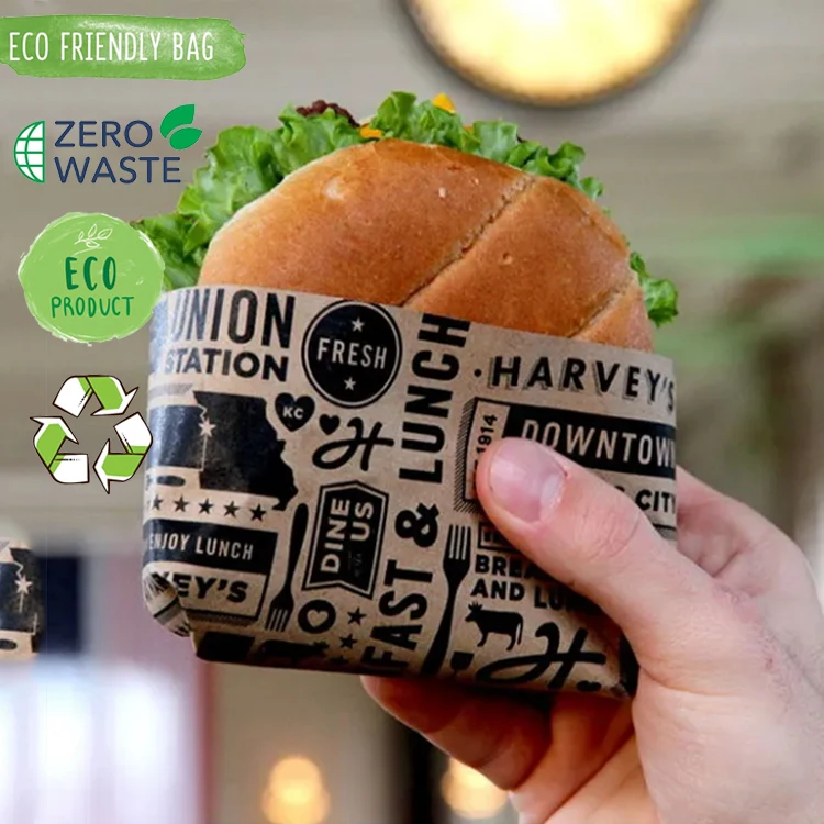 Экологически чистый жиронепроницаемый крафт-бумажный пакет с принтом на заказ, упаковка для обеда и печенья на вынос, биоразлагаемый хлеб, гамбургер, сэндвич-бумажный пакет