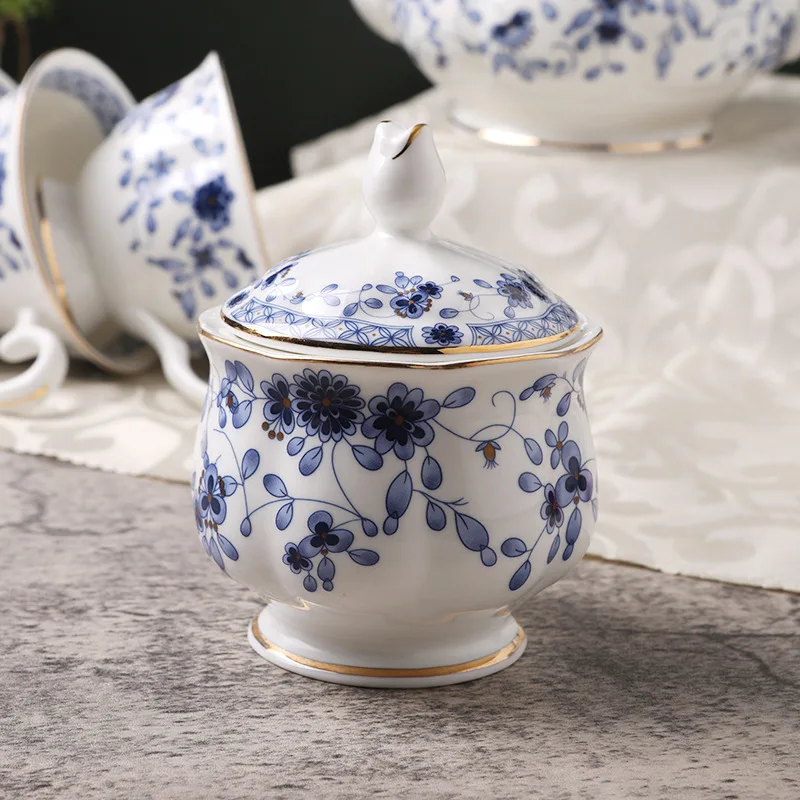 Wholesale Blue and White Ceramic Coffee Set Printed Logo Bone China Boutique Gift Set with Customised Logo