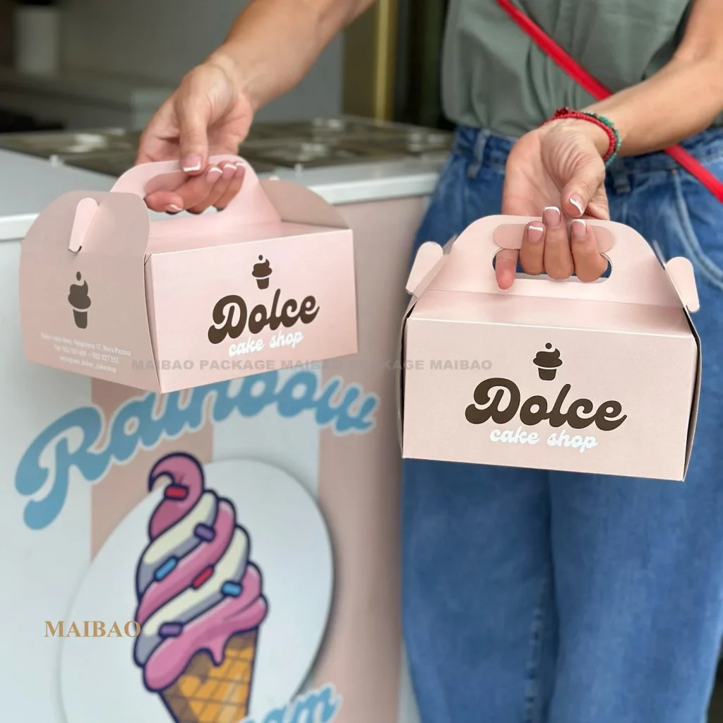 Оптовая продажа, изготовленная на заказ бело-розовая картонная коробка для торта с ручкой, маленькая витрина для свадебного торта 10x10x12, высокая коробка для торта, окно с логотипом, с рисунком