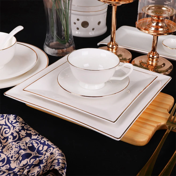 8 Inch 10 Inch European Steak Gold Rimmed Fruit Restaurant Square Food Dish Ceramic Plate