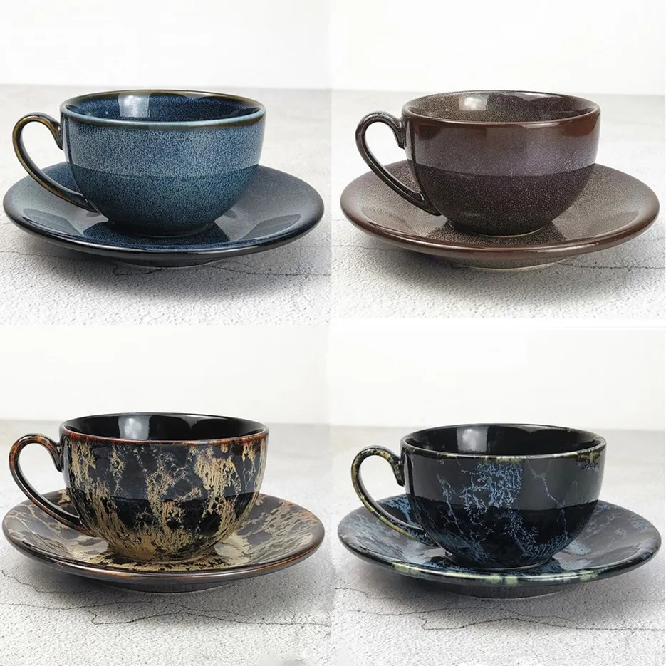 Reactive Glaze Ceramic Coffee Tea Set Retro Style Porcelain Cups Saucer With Printed Logo Espresso Turkish Arabic Water Serving