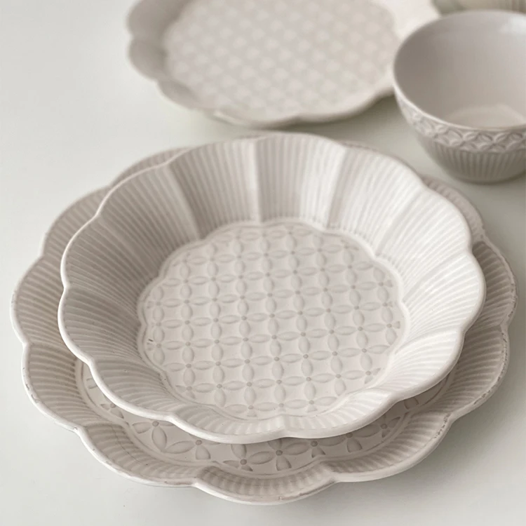 Embossed White Square Dish Plate Oval Hotel Rice Bowl Ceramic Dinnerware Tableware