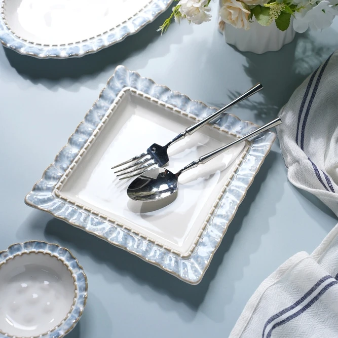 French Ceramic Porcelain Plate Household Soup Bowl Blue Flower Edge Ceramic Cup Dinnerware