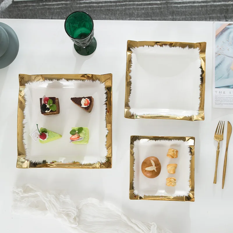 Nordic Luxury Gilt-Edged Ceramic Plate Modern Dim Sum Fruit Breakfast Dishes Salad Cake Steak Plate Home Use Restaurant