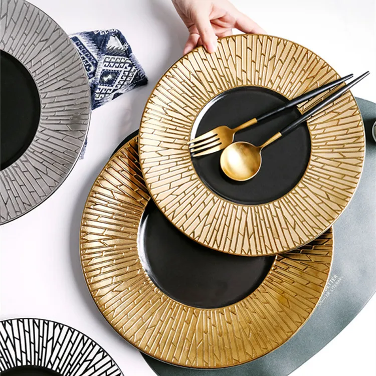 Luxury Gold Porcelain Dinner Plates Customizable Eco-Friendly Ceramic Plate Dish for Steak Pasta Serving Tableware Dinnerware