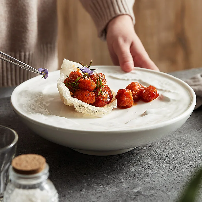 Nordic White 8-inch Double Layer Ceramic Plate Luxury Eco-Friendly Restaurant Home Retaining Tray Sustainable Desserts Parties