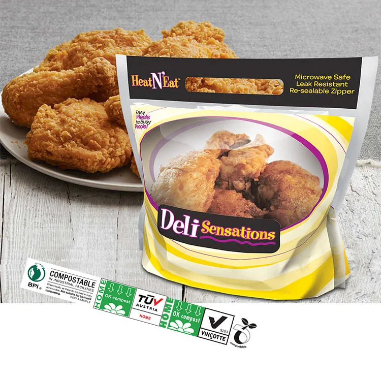 Изготовленные на заказ биоразлагаемые, пригодные для разогрева в микроволновой печи, закрывающиеся пластиковые пакеты на молнии для свежей, горячей, жареной, замороженной еды, упаковка для курицы-гриля, упаковочные пакеты