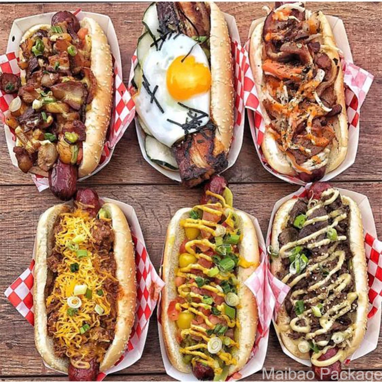 Индивидуальный логотип Биоразлагаемый одноразовый бумажный лоток для пищевых продуктов Контейнер для упаковки гамбургеров для хот-догов и кебаба Пищевая лодка Крафт-вафли Закуски