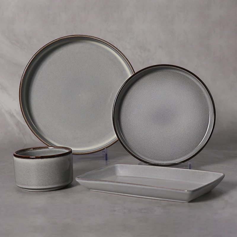 Серая посуда для ресторана Vajillas, фарфоровый прямой набор тарелок, набор столовой посуды, тарелки и тарелки, оптовая продажа