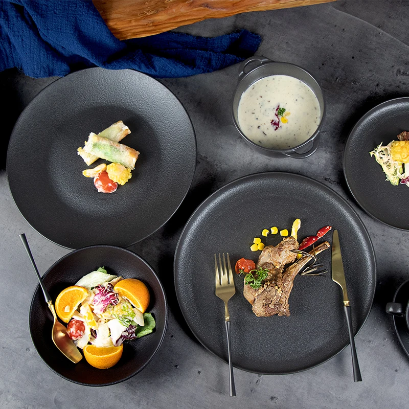 Черные тарелки, тарелки для ужина, столовая посуда для ресторана