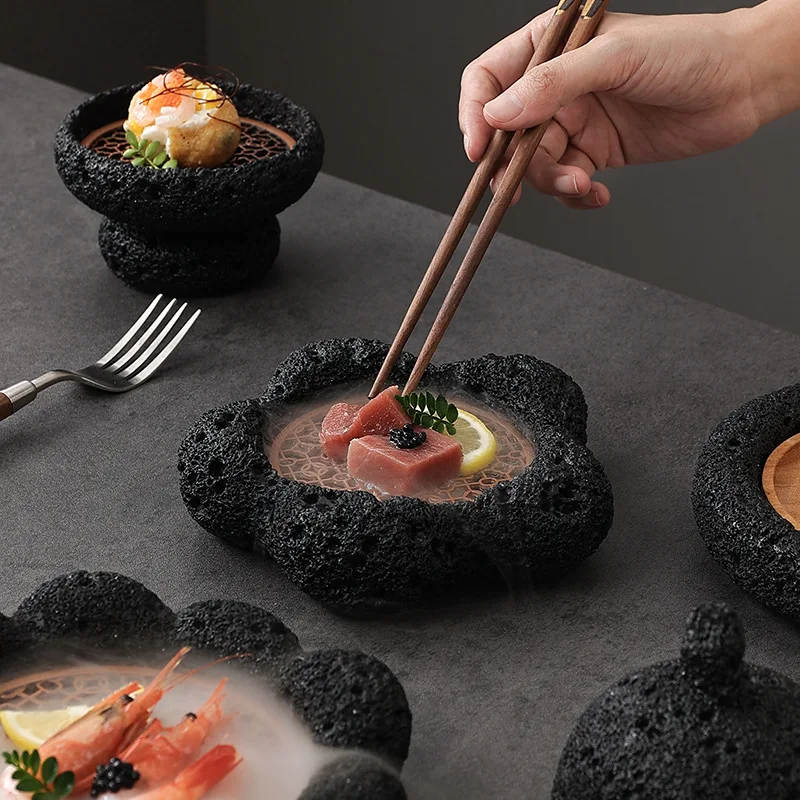 Creative Restaurant Dry Ice Dishes and Plates Volcanic Rock Design Japanese Sashimi Sushi Salmon Seafood Serving Plate Dinner Pl