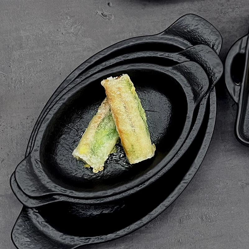 Овальная форма для выпечки, черный обеденный набор, фарфоровая посуда, ресторанные тарелки, посуда для кейтеринга, банкета, поставщик отелей и мероприятий