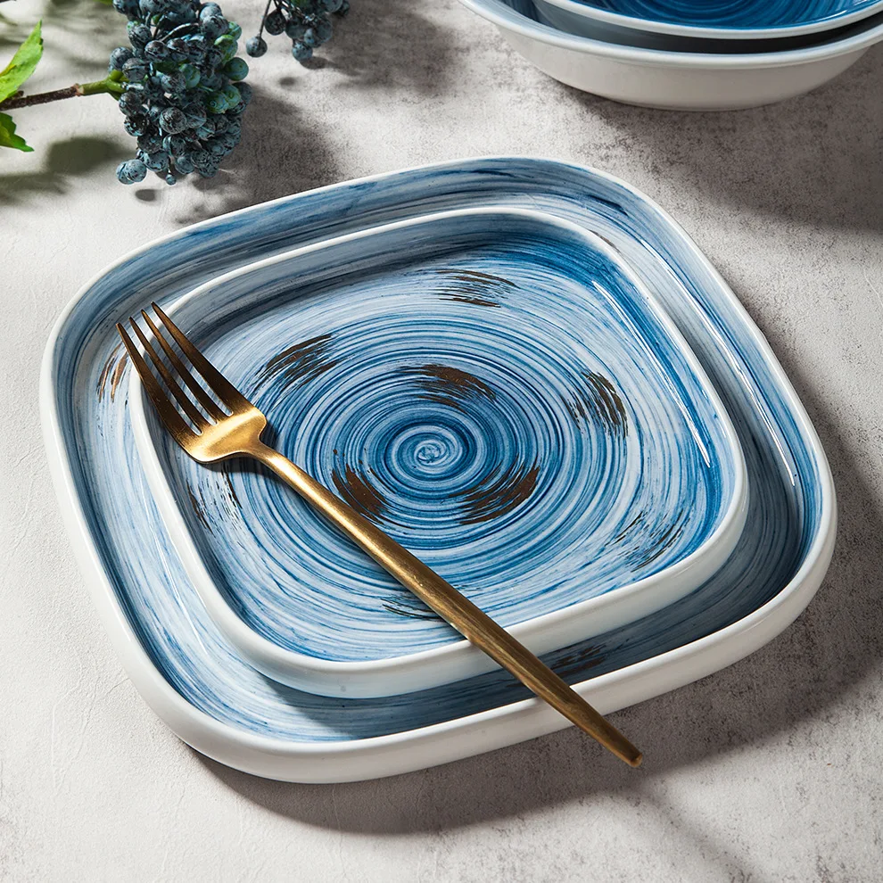 Синий градиентный круг с черными точками, круглая керамическая тарелка, декоративная посуда, посуда, высокое качество, оптовая продажа, тарелка со звездным небом