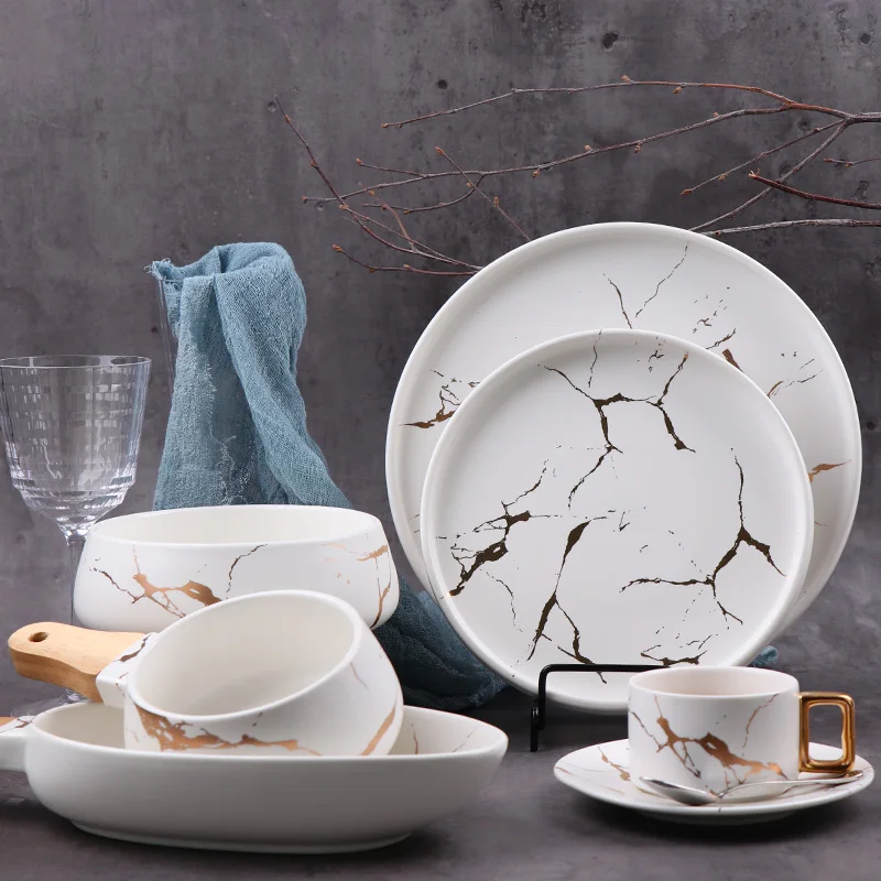 Оптовая продажа, изысканный фарфоровый набор посуды, обеденный сервиз, золотые тарелки, посуда, керамический мраморный обеденный сервиз
