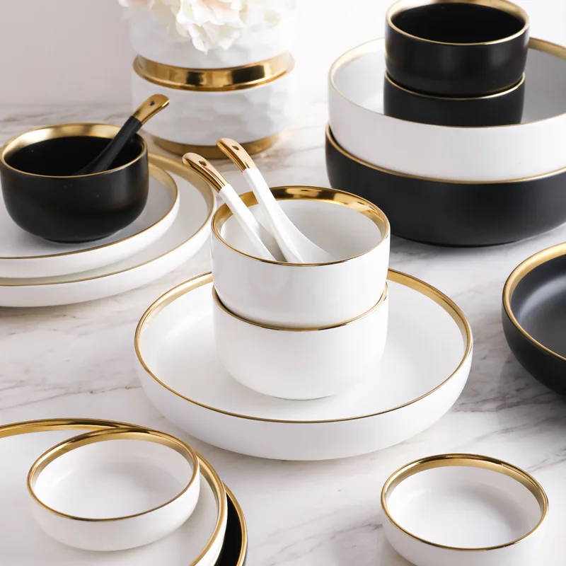 Marble Whit Gold Inlay Salad  Luxury Ceramic Luxury Tableware  Set Dinnerware Sets Porcelain Luxury Ceramic Tableware