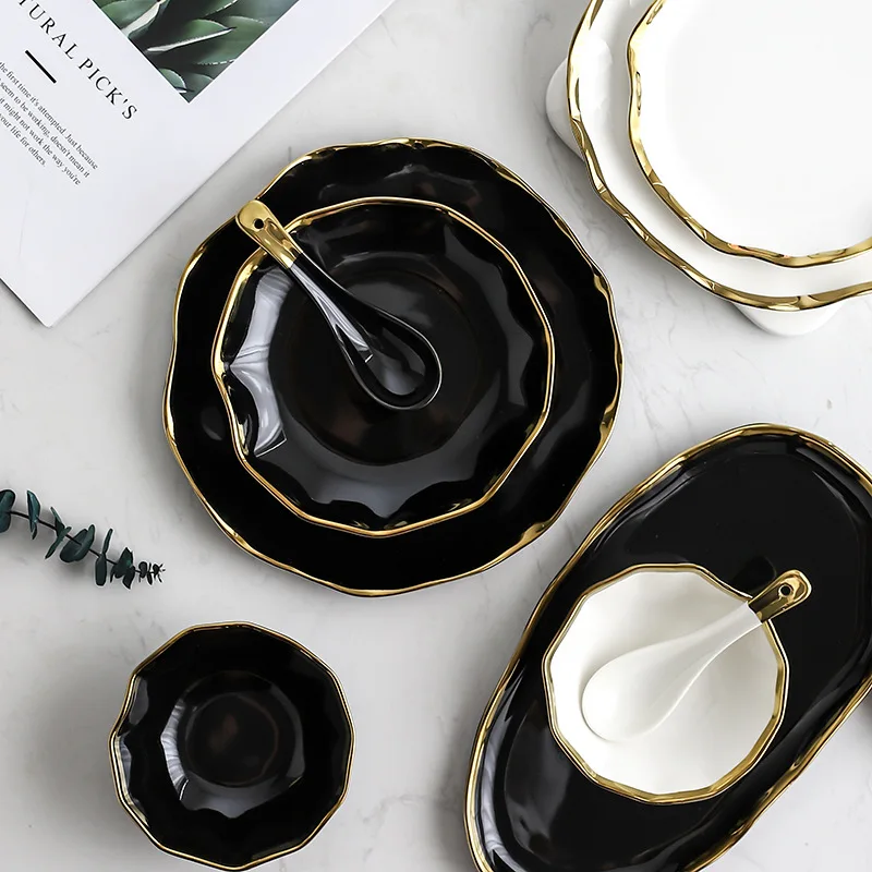 New Design Black White Ceramic Dishes Plates Gold Rimmed Plates Fruit Food Bowl Salad Bowl Dinnerware Set
