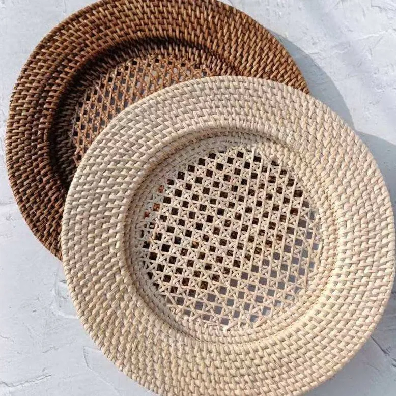 Зарядная тарелка из натурального ротанга в винтажном стиле, тканая подставка для столовых приборов из натурального ротанга, круглые коврики для стола для демонстрации тарелок с едой