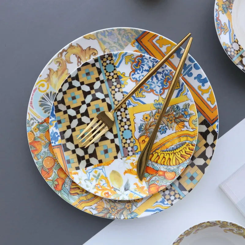 Nordic Style Sicilian Series Ceramic Plate and Bowl  Colorful Art Tableware Combination Dinnerware Sets for Restaurant Household