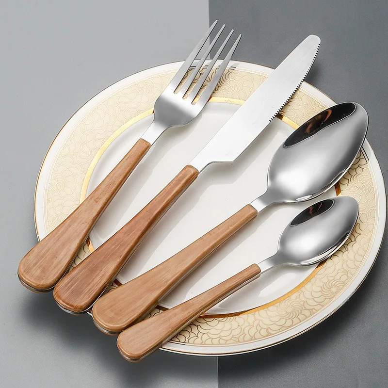 Новое поступление, современный набор столовых приборов с деревянной ручкой, ресторанная вилка из нержавеющей стали, вилка, ложка и нож для вечеринок