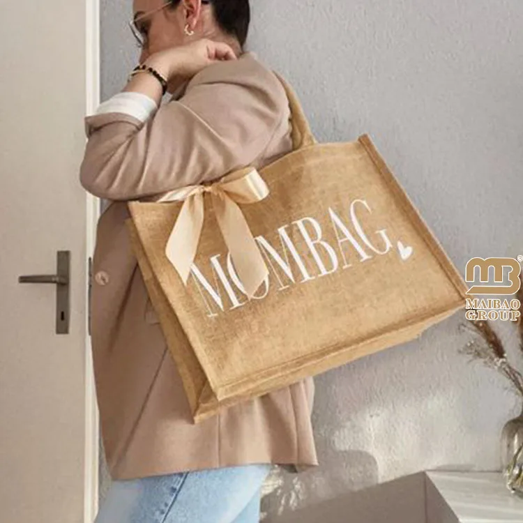 Большая джутовая пляжная сумка с принтом, натуральная экологически чистая сумка из мешковины, джутовые подарочные сумки для покупок, пляжные джутовые сумки оптом