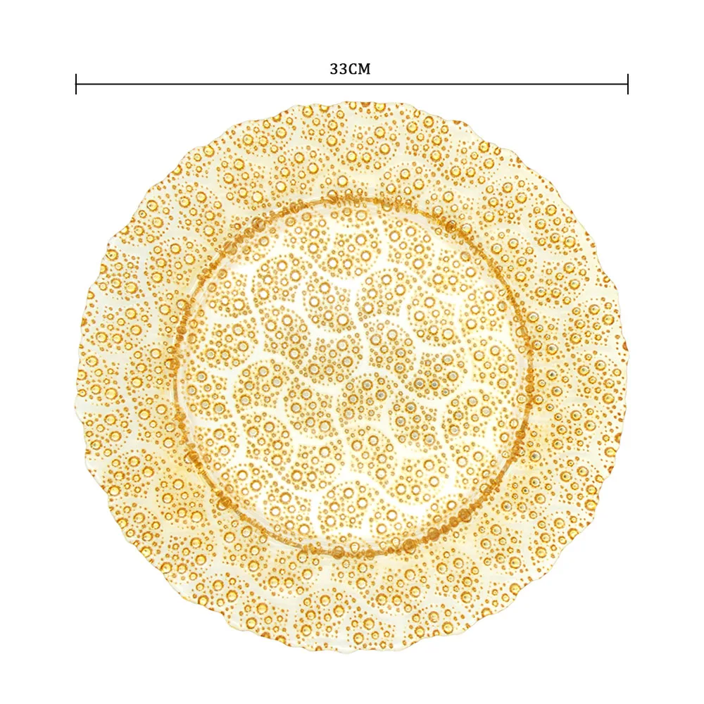 Элегантная золотая круглая изысканная ресторанная десертная золотая тарелка для кейтеринга, свадебный фуршет, стеклянные тарелки для зарядного устройства