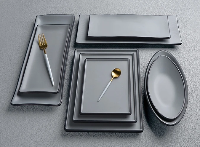 Набор столовой посуды из 100% меламина, небьющиеся серые, черные тарелки, посуда, используемая в ресторане, серая посуда, пищевой материал А5