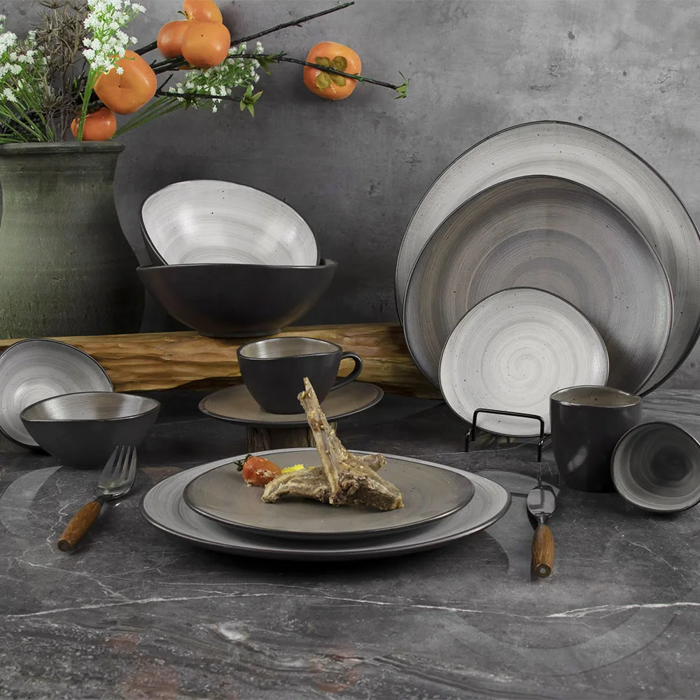Новый дизайн, набор матовых тарелок, серая и кофейная глазурь, набор керамических тарелок, столовая посуда, набор фарфоровых тарелок