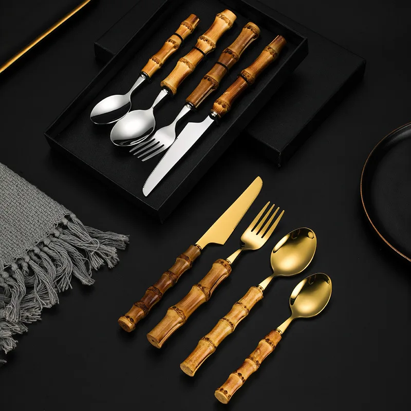 4-Piece Western Food Restaurant Steak Knife Set with Bamboo Handle 304 Stainless Steel Fork and Spoon for Parties