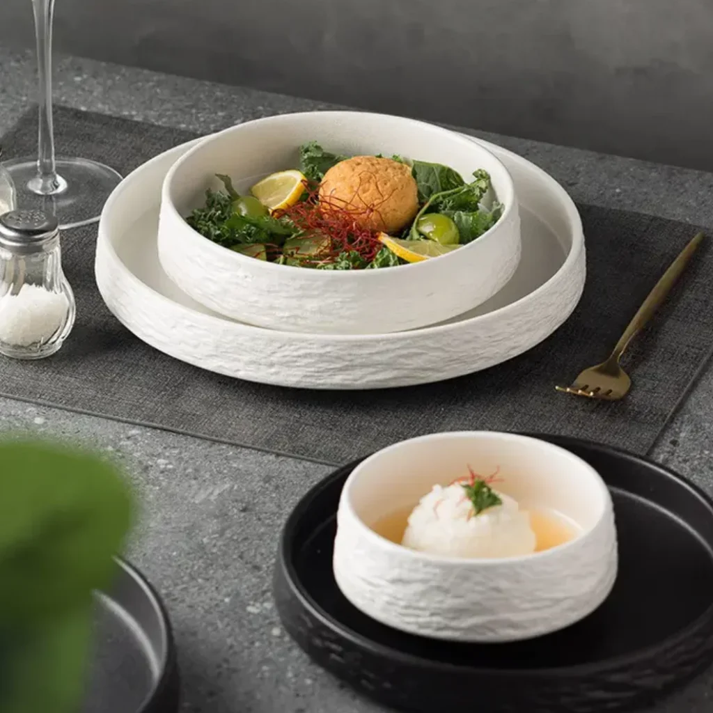 Creative Spaghetti Household Dish Round Dinner Deep Plate Irregular Dumpling Hotel Ceramic White Plate for Restaurant