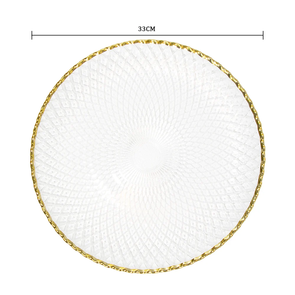 Оптовые зарядные тарелки Романтическая прозрачная золотая посуда из бисера 13-дюймовые стеклянные зарядные тарелки для свадьбы