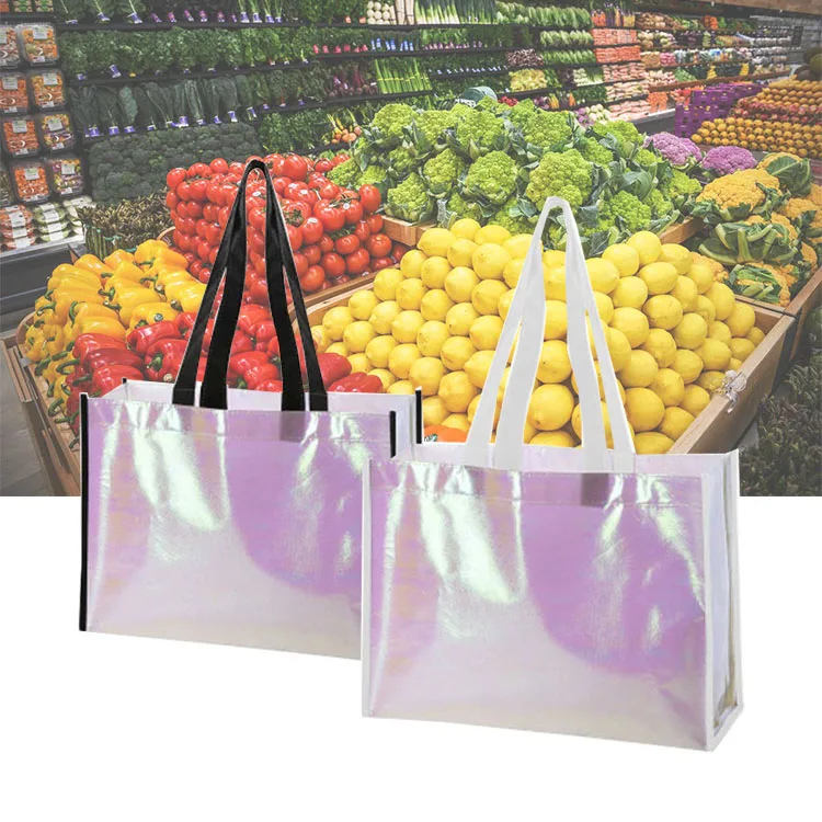 Устойчивая переработанная лазерная блестящая глянцевая металлическая фольга, нетканая сумка для покупок, многоразовая сумка для покупок, нетканая сумка для магазина Rpet