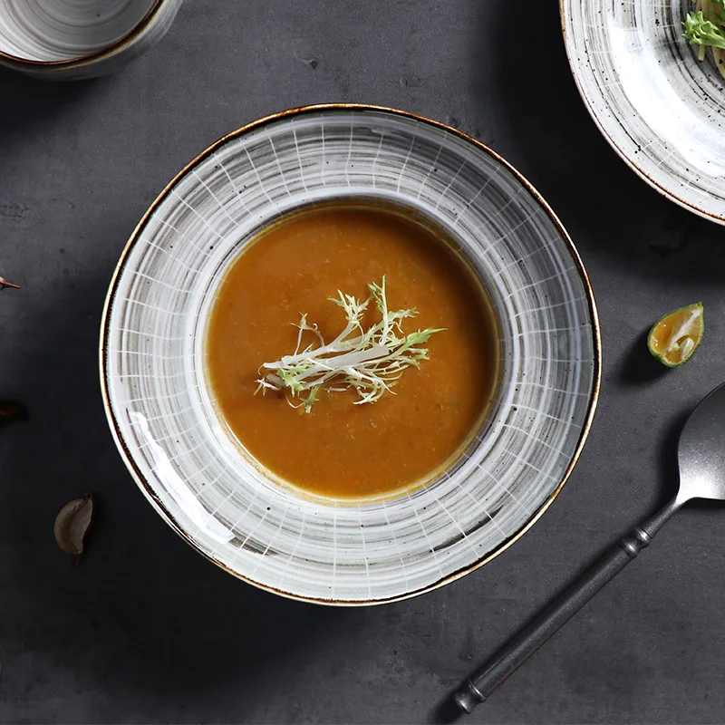 Фарфоровая посуда, керамическая миска для супа с ложкой и тарелкой, суповые блюда, миска для пасты, лапши, суповая тарелка для ресторана