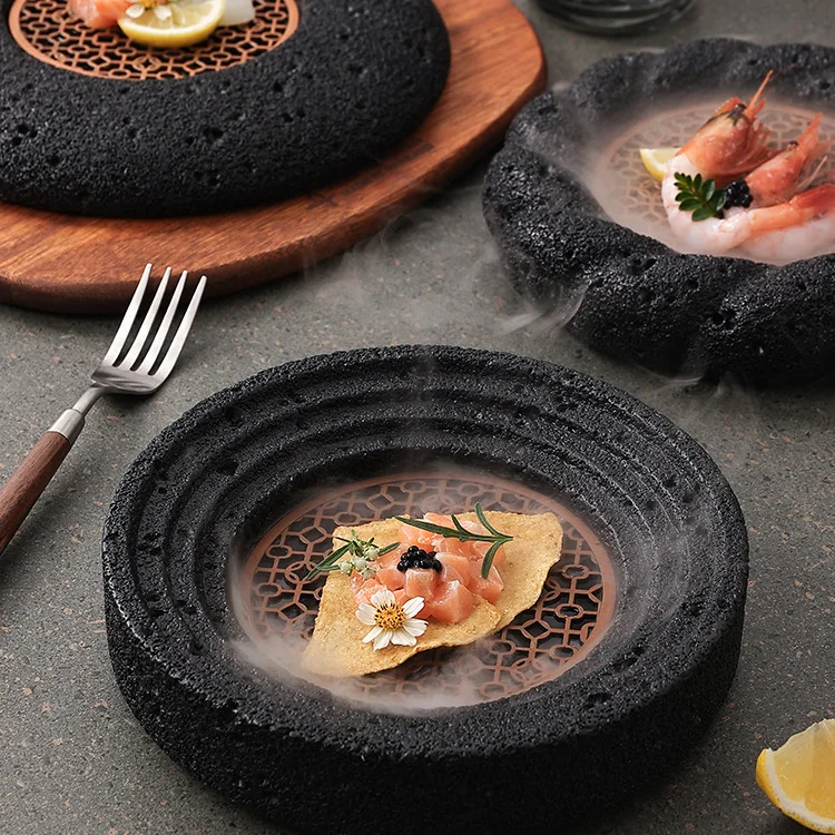 Japanese Artistic Concept Ceramic Bowl Eco-Friendly Volcanic Stone Hotel Tableware Planet-Shaped Ice Plate for Sushi Seafood