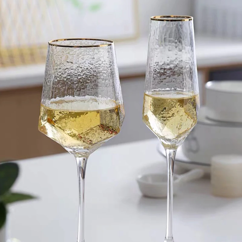 Подарочный набор бокалов для вина, оптовая продажа, бокалы для шампанского, прозрачные бокалы с золотой отделкой для вина для ресторана и отеля