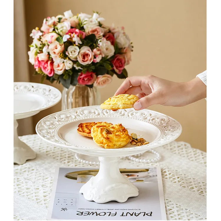 European Embossed Hollow Ceramic Dishes White Dinner Plates Porcelain Dessert Serving Tray