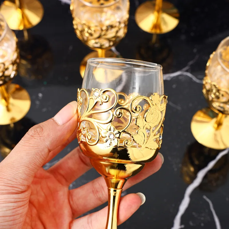 European Metal Iron Glass Cup Household Creative Liquor Cup Goblet Wedding Gift Set Light Luxury Style Golden Hollow Wine Glass