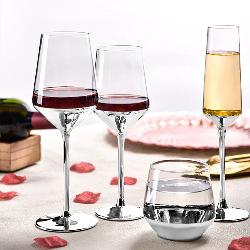 Оптовая продажа, роскошные бокалы для вина на заказ, кристально чистые, уникальные бокалы для вина с длинной ножкой и серебряным дном для элегантной вечеринки