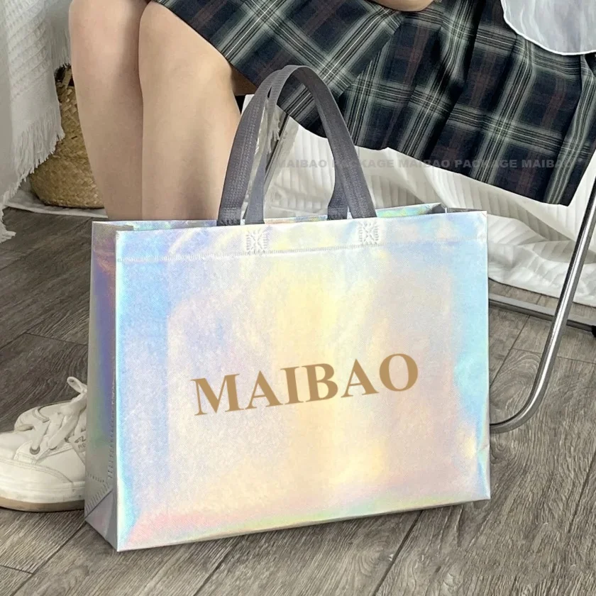 Устойчивая переработанная лазерная блестящая глянцевая металлическая фольга, нетканая сумка для покупок, многоразовая сумка для покупок, нетканая сумка для магазина Rpet