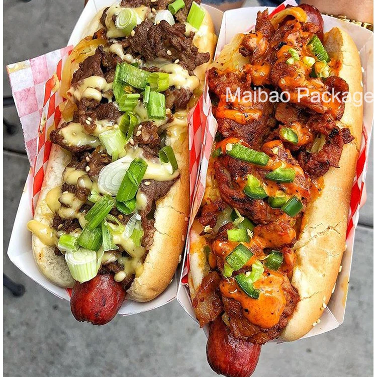 Индивидуальный логотип Биоразлагаемый одноразовый бумажный лоток для пищевых продуктов Контейнер для упаковки гамбургеров для хот-догов и кебаба Пищевая лодка Крафт-вафли Закуски