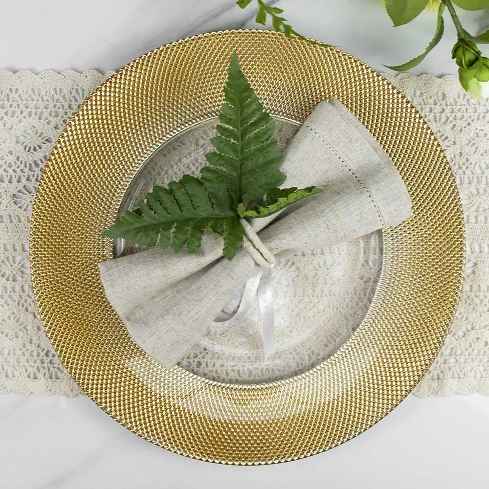 Посуда для обеденной тарелки, зарядное устройство для стеклянной тарелки в западной золотой оправе для вечеринки в ресторане отеля